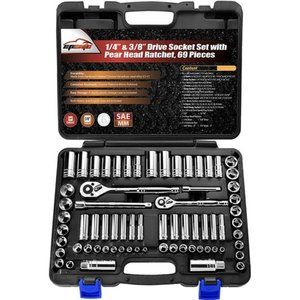 69 Pieces - 1/4” & 3/8” Drive Socket Set with Pear Head Ratchet, Chrome (92-824)